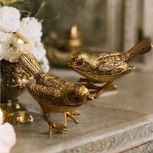 Vintage Gold Tone Bird Trinket Boxes (2) with Emerald Glass Eyes